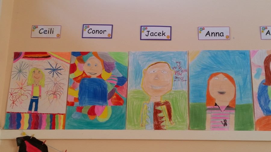 We are really creative in our class so we love art!  Every week we have an art lesson. In our first art lesson we looked at and talked about some of the self-portraits done by a famous artist called Vincent Van Gogh, and then we did our own self-portraits.  They really do look like us!!